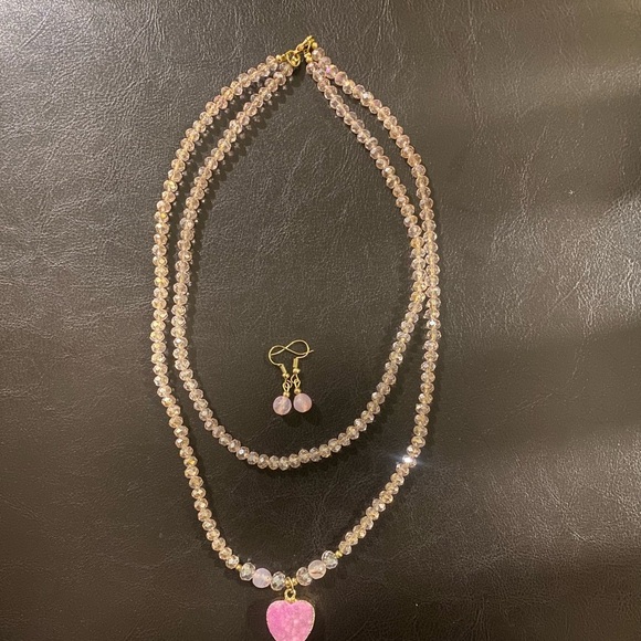 Pink Heart Pendant Necklace with beautiful shiny beads and pink earrings . - Picture 14 of 14